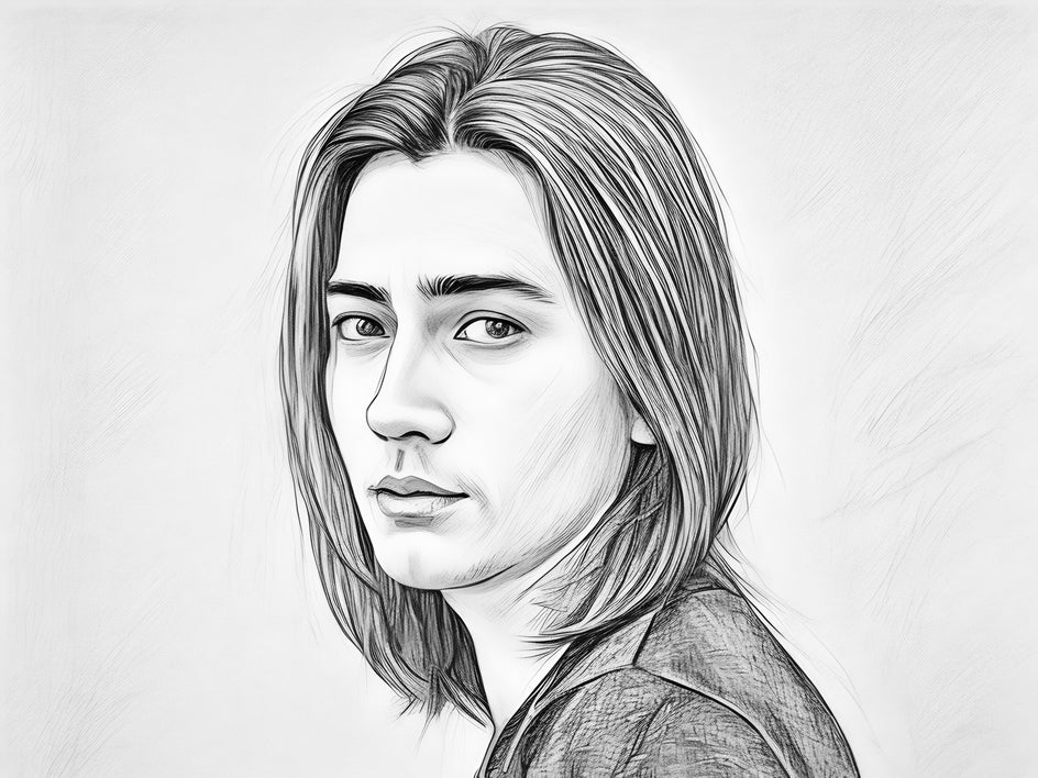 Charcoal sketch showing detailed hair texture and facial features in black and white