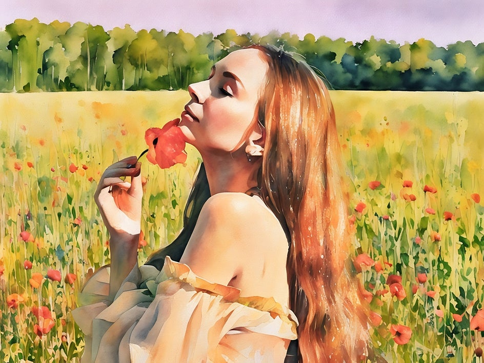 female model in field of poppies with watercolor GFX applied