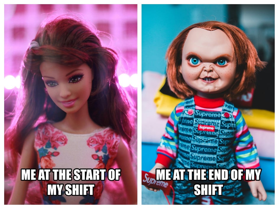 me at the start of my shift vs me at the end of my shift meme