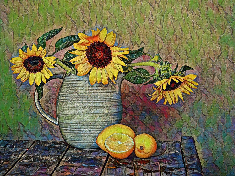 still life of sunflowers with pastel applied