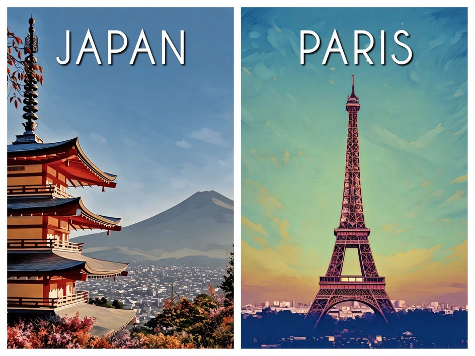 japan and paris travel posters