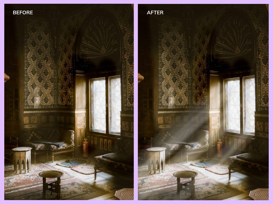 dodge and burn light rays into a room before and after