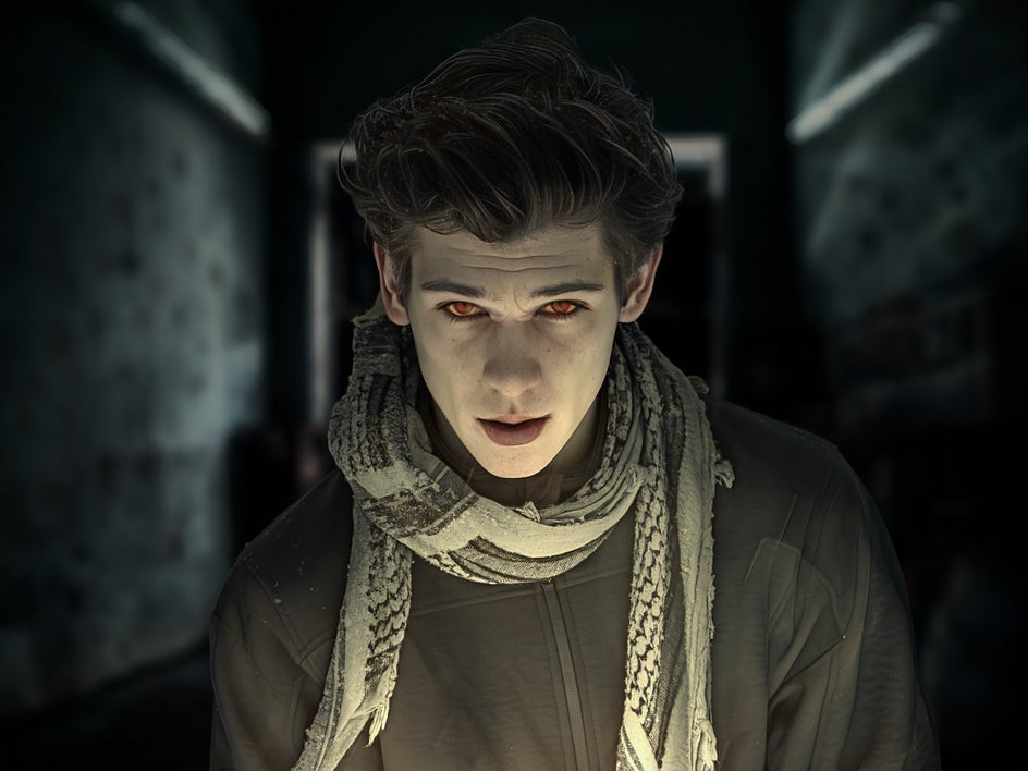 portrait of boy in snow with new background, portrait lighting, and vampire effect applied