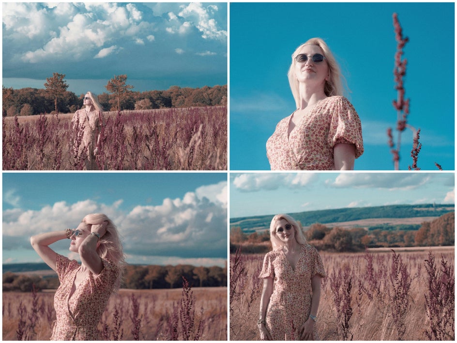 four images of sky and woman in field