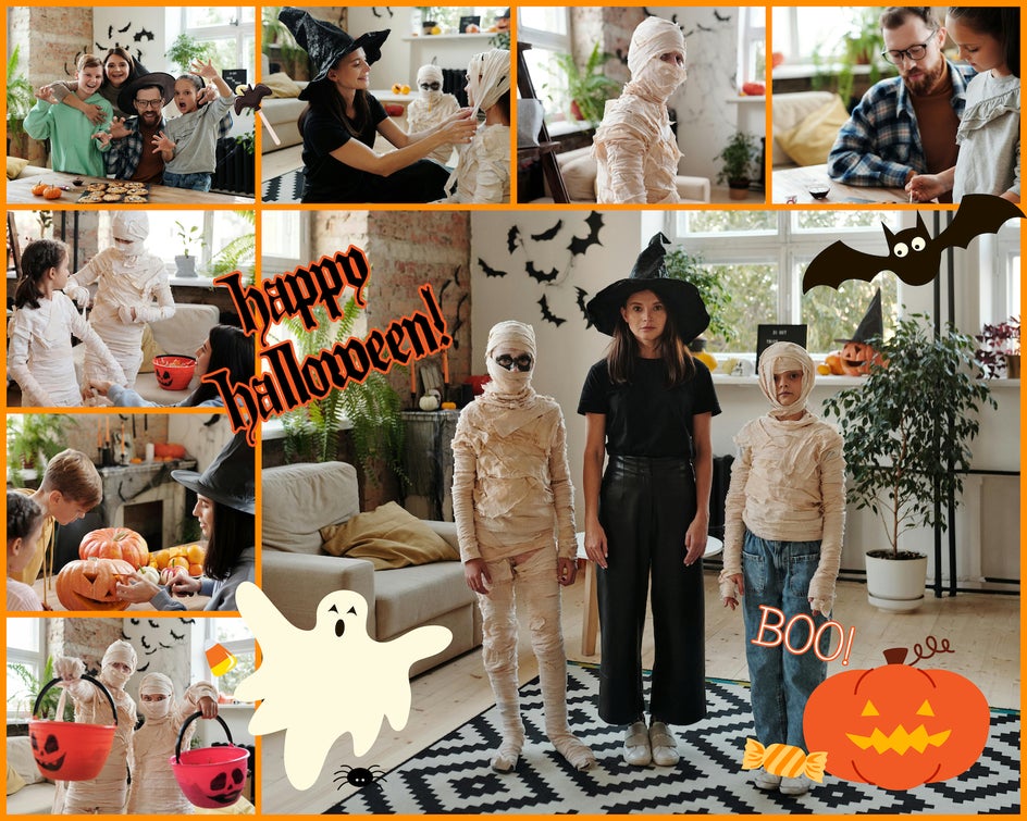 final halloween collage with themed graphics and kids in costumes