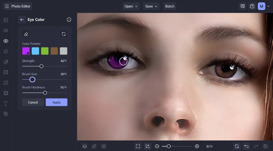 change eye color to purple of portrait