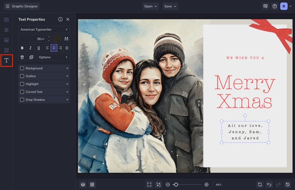 adjust text on christmas card