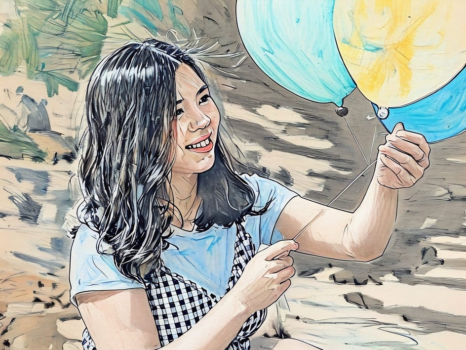 woman with balloons smiling and color sketch applied