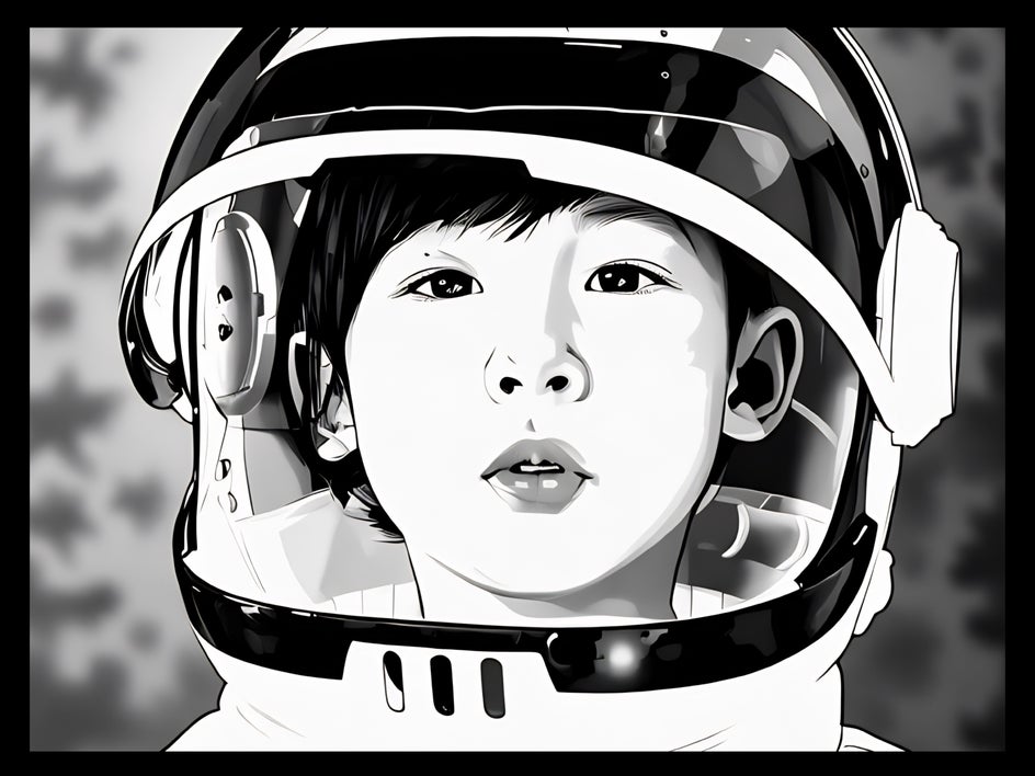 comic noir little boy in space helmet