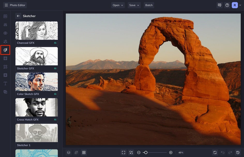 a screenshot of the artsy tab with sketcher category open and desert image on canvas