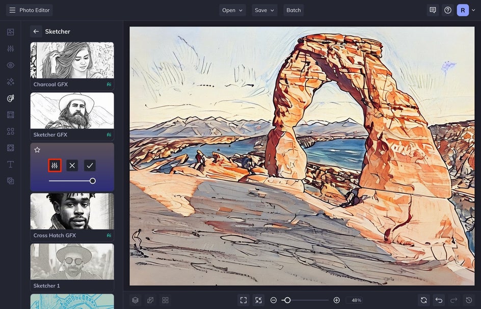 A screenshot of the BeFunky interface showing the Sketcher tool in use. A landscape image is displayed on the canvas with editing options visible.