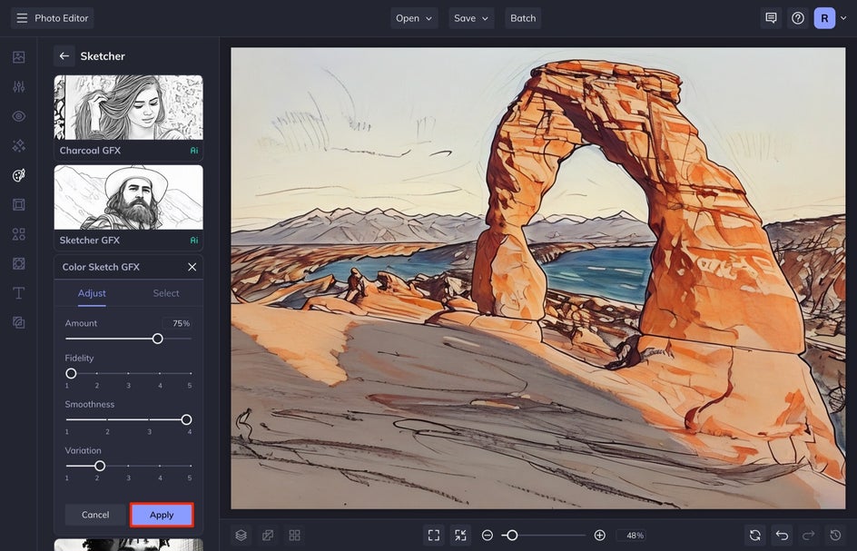 A screenshot showing the Color Sketch GFX effect applied to a landscape photo. The settings panel is open, displaying sliders for adjusting Amount, Fidelity, Smoothness, and Variation.