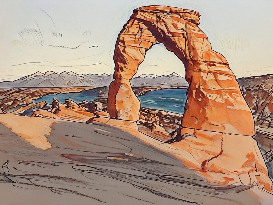 After: The same image transformed into a vibrant colored pencil-style digital drawing, emphasizing the rugged terrain with sketch-like strokes.