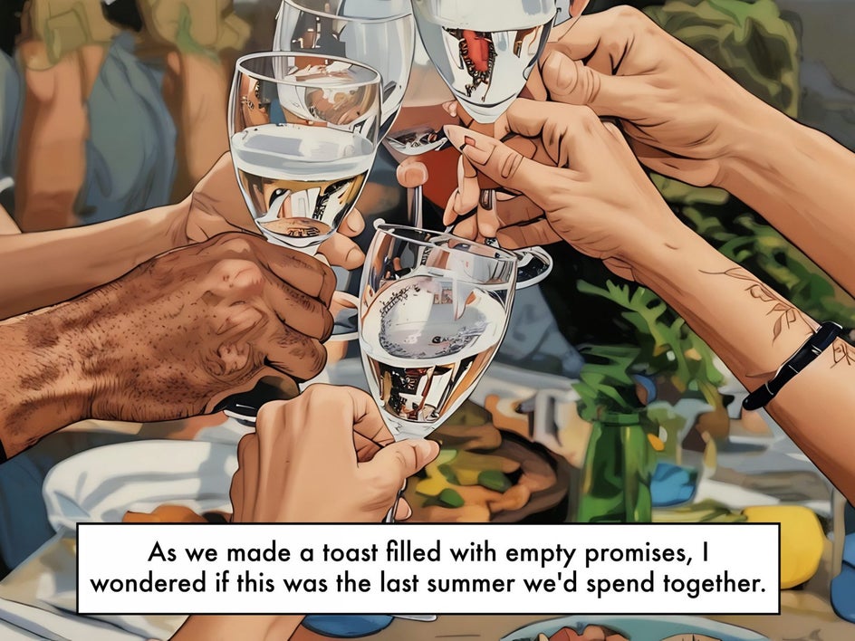 graphic novel gfx applied to group toasting drinks