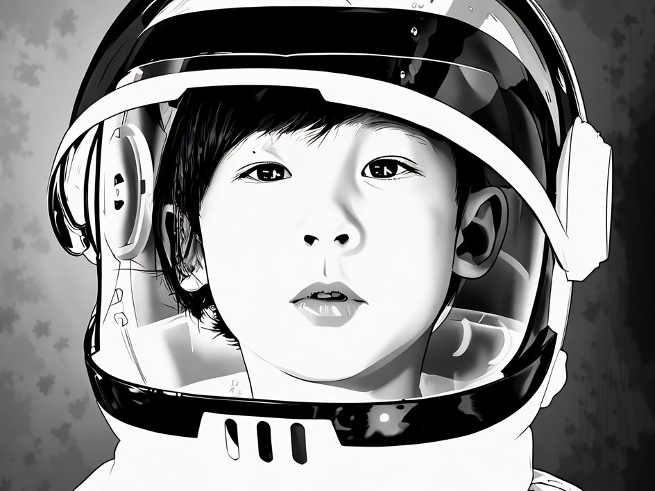 comic noir applied to little boy in astronaut costume