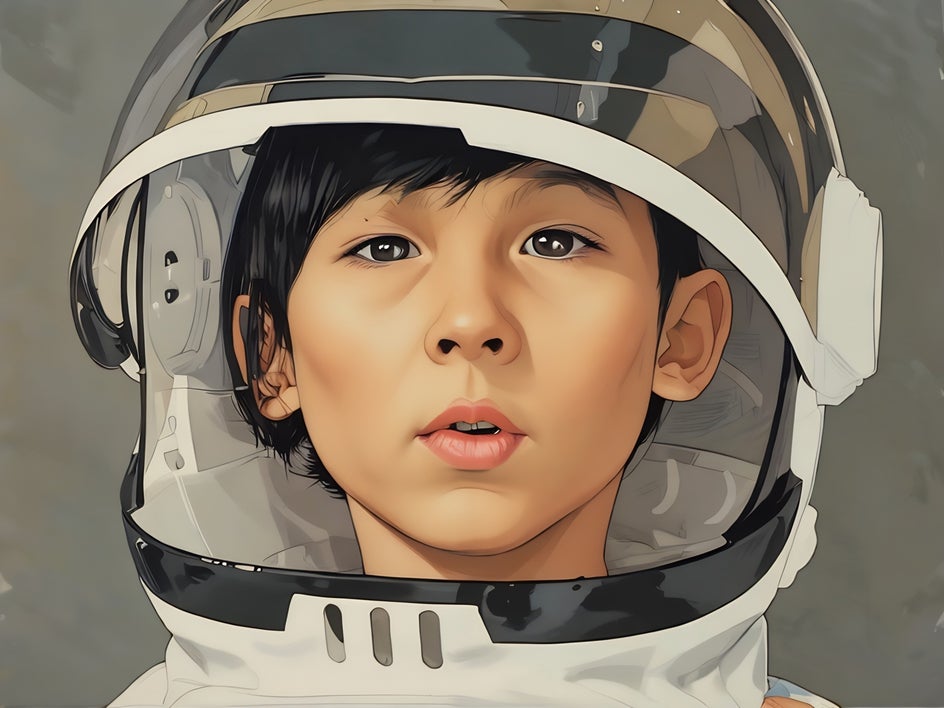 little boy in astronaut costume with graphic novel gfx applied