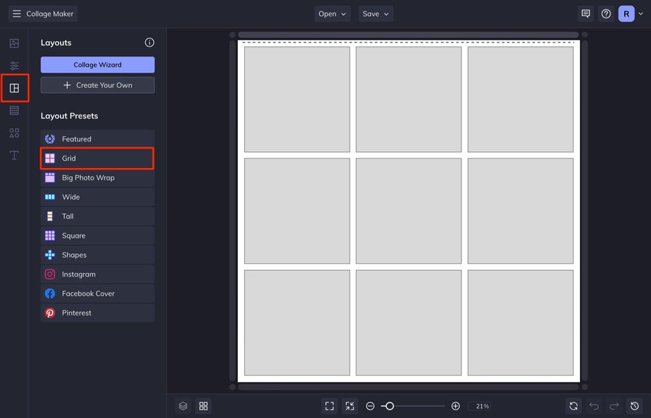 collage maker layout tab with grid options