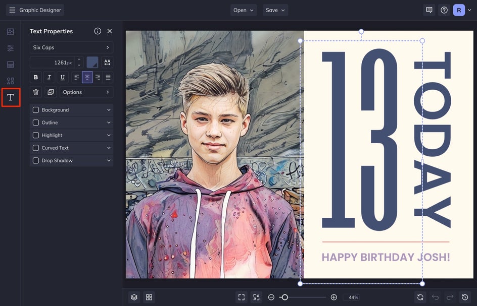 change text of designer birthday card in text tab