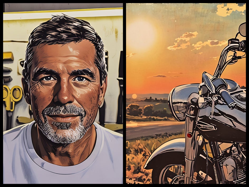 vintage comic applied to image of old man and motorcycle at sunset