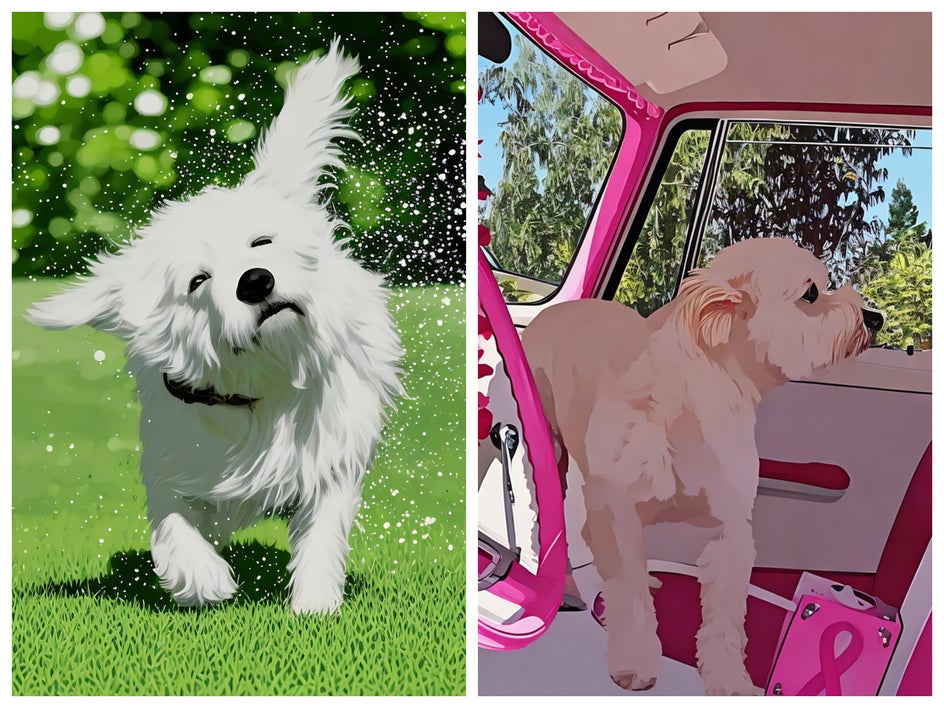 cartoonizer GFX applied to images of white dog for a cute cartoon comic