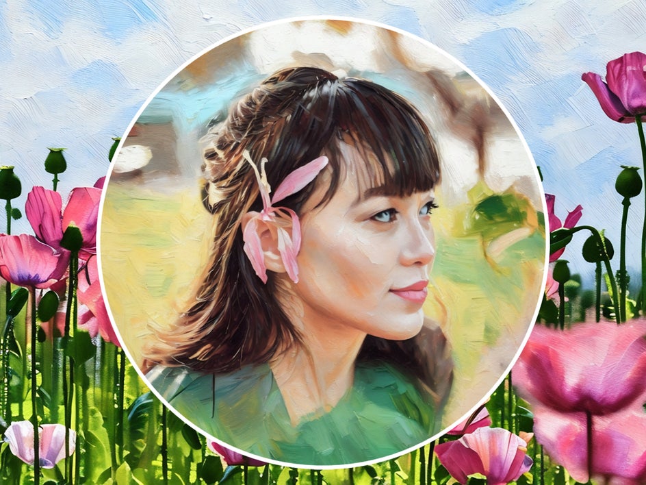 textured painting effect applied to female portrait with flower in hair and background of flowers