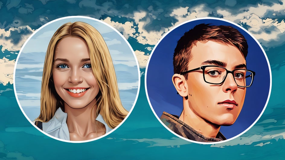 two side by side examples of cartoonized avatars. A blonde female and man in glasses with oceanic background.