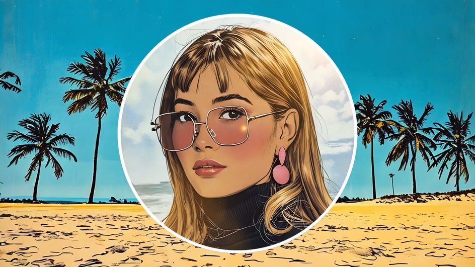 vintage comic gfx example of woman in sunglasses with palm tree background