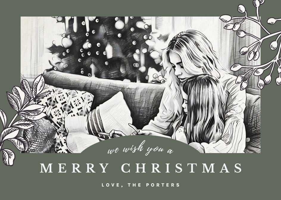 christmas card with cross hatch effect applied to mother and daughter and holly graphics