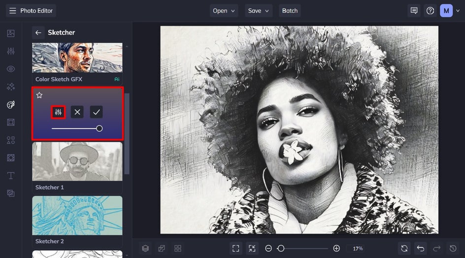 cross hatch gfx basic effect applied to female portrait with afro hair