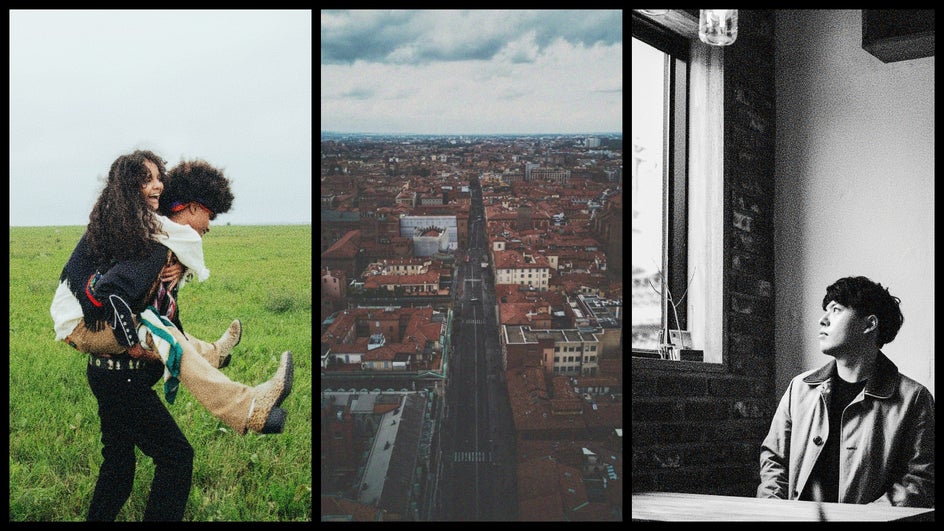 three examples side by side of good candidates for film grain effects – couple in a field, aerial view of a city, and black and white portrait