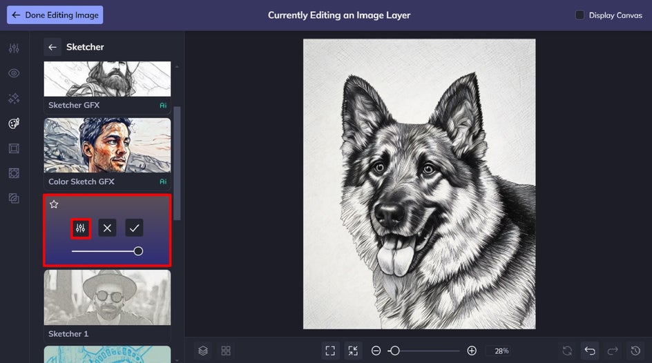 sketcher category ui with cross hatch applied to dog portrait