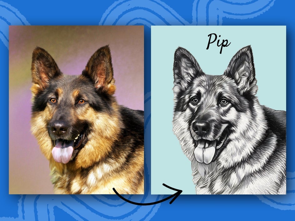 before and after image of german Shepard dog beofre and after applying a sketch effect, removing background, and adding their name