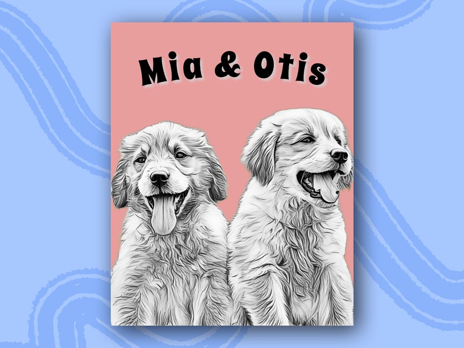 two puppies with sketcher gfx applied with a plain pink background and their names