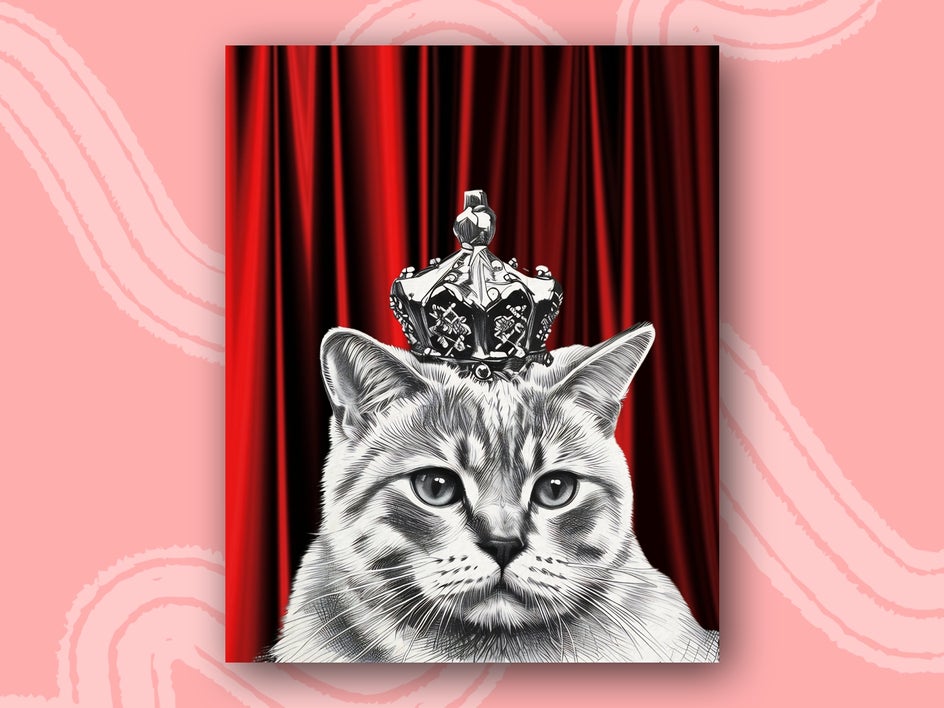 photo of cat wearing a crown with a sketch effect applied and a background of royal curtains