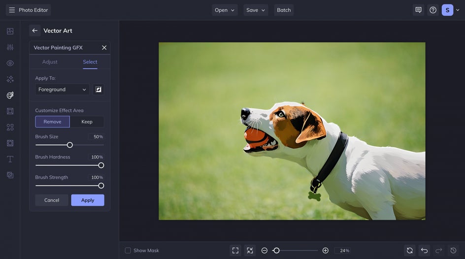 select tab of photo vector painting applied to a dog in the foreground