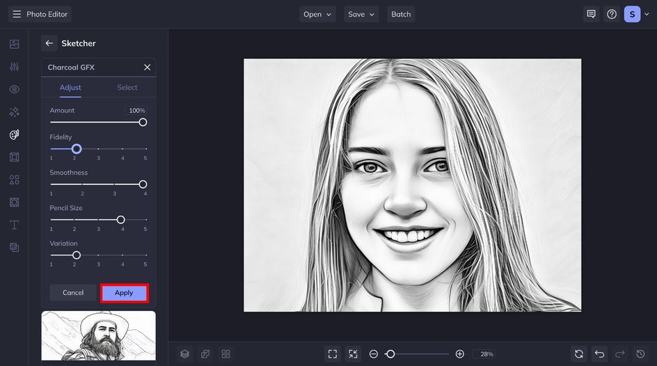 Sketcher tool settings, displaying a portrait upload with the Charcoal GFX effect selected. The effect sliders are visible, allowing users to adjust fidelity, smoothness, and pencil size.