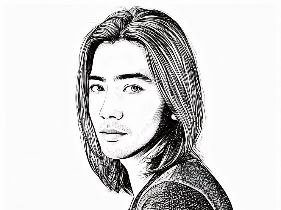 After: Sketcher GFX applied to same portrait of close up man with long hair