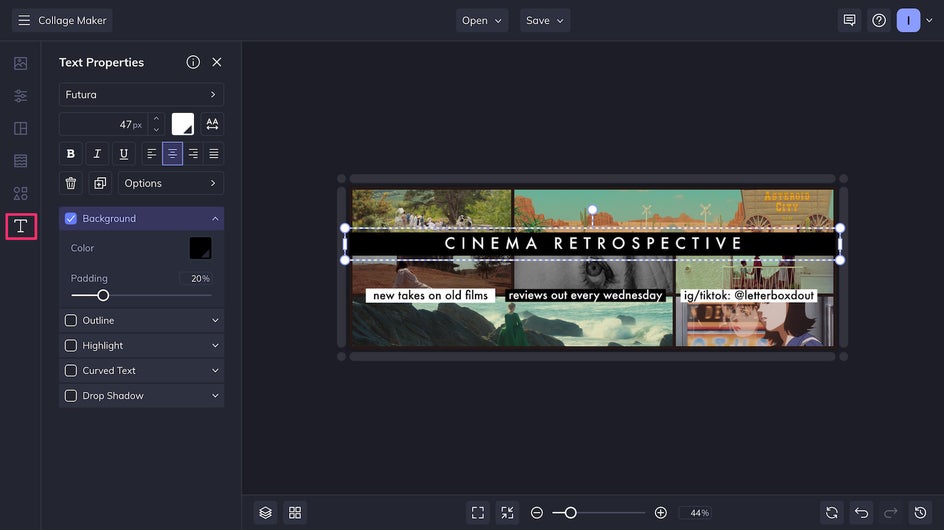 add text to collage banner for cinema blog