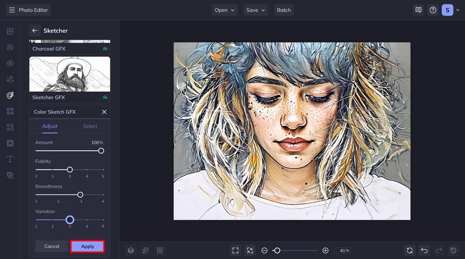 settings menu for colored pencil sketch effect