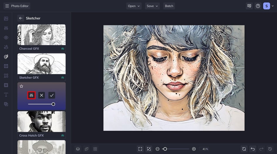 basic color sketch effect applied to portrait of woman