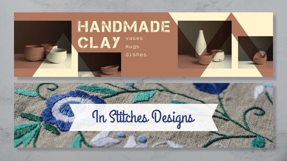 two examples of clay and crafts etsy banners on marble background