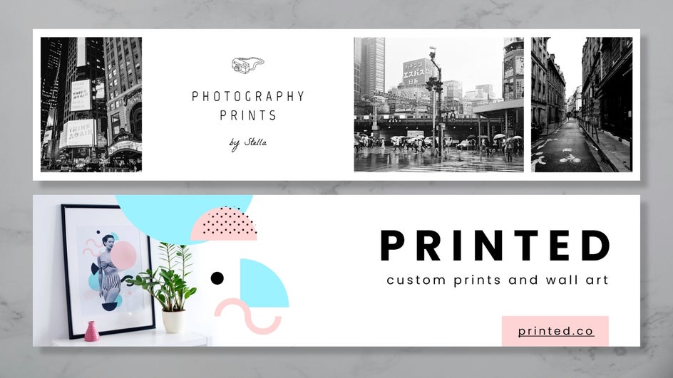 two examples of photo prints and wall art etsy banners on marble background