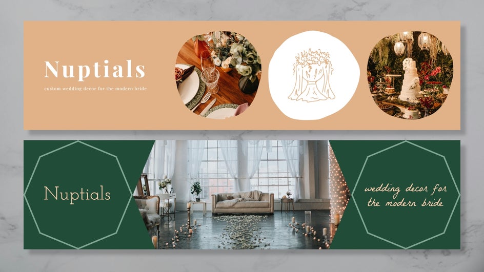 two examples of wedding services etsy banners on marble background